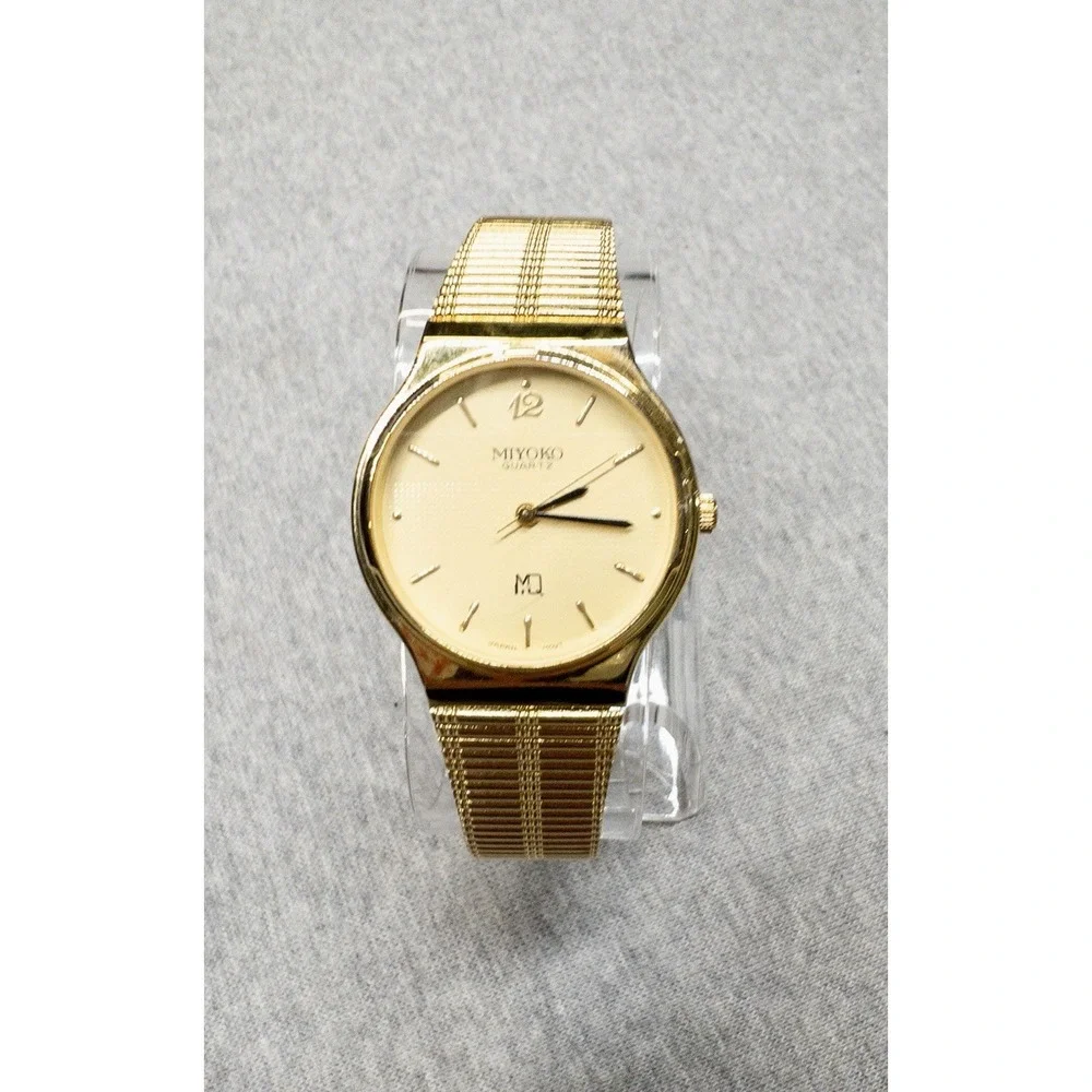 Vtg Miyoko‎ Minimalist Gold Watch 1980's 31mm Round Case Mens